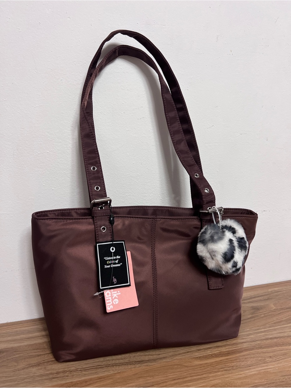 Classic Women's Tote Bag in Dark Brown with Fur Charm